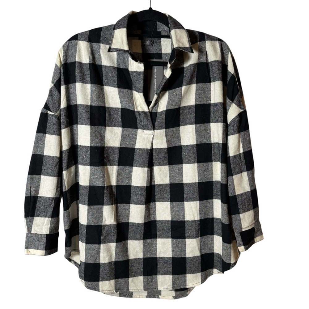 French Connection Black and White‎ Checkered Flannel Popover Shirt